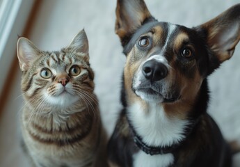 Adorable Cat and Dog Duo Looking Up at Camera in Bright Indoor Setting, Showcasing Affection and Friendship Between Pets