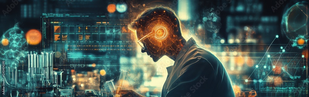 Poster scientist conducting research with glowing digital interfaces in a modern laboratory environment