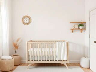 Cozy baby room interior with white crib near pastel color wall, room, minimalistic, decor