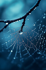 Cobweb in drops of dew on a branch.