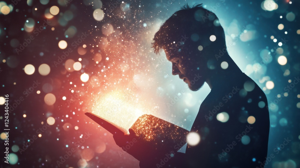 Aufkleber Glowing man engaged in reading a book in a mystical setting with ethereal particles at night