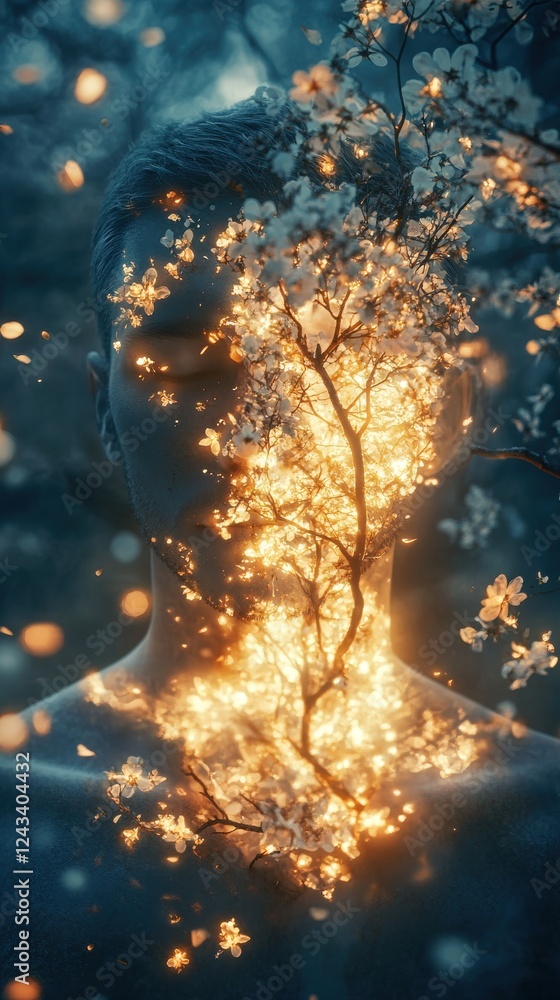 Aufkleber man radiating light among glowing blossoms in an ethereal forest setting during twilight