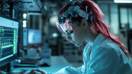 Fototapeta premium Futuristic cyborg girl in tech lab with electronic brain, focused on her work. scene captures blend of technology and human emotion, showcasing innovation and creativity