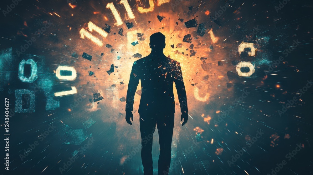Poster conceptual representation of a glowing man amidst a cascade of numbers in a digital environment