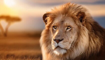 Obraz premium A close-up of a regal lion, its fur gently rustling in the warm breeze