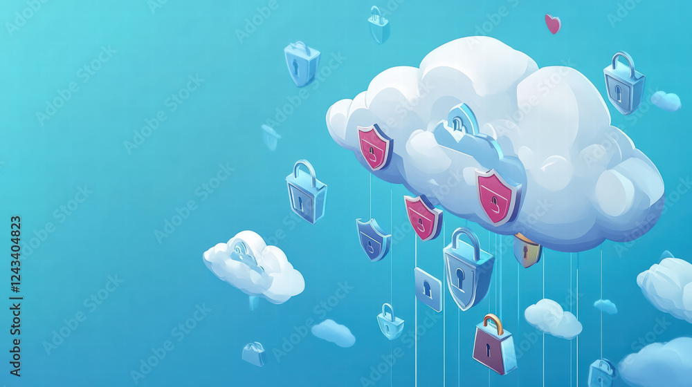 Poster secure cloud with locks, digital security, data protection, technology concept, cloud computing, cyb