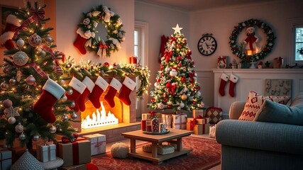 Cozy Christmas living room with fireplace, tree, presents, and stockings, holiday, decorations, stockings