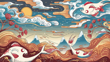 Obraz premium Abstract Landscape with Fish and Flowers