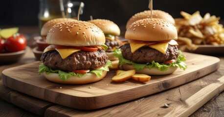 Tasty cheeseburgers with side dish arranged on a rustic board, cheese, beef, tasty, meal, dinner