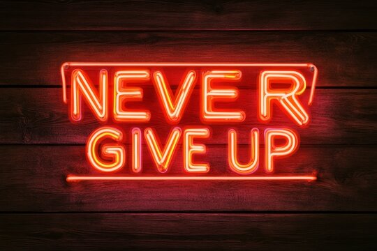 Bright neon sign displaying the motivational phrase Never Give Up in a cozy indoor setting - Powered by Adobe