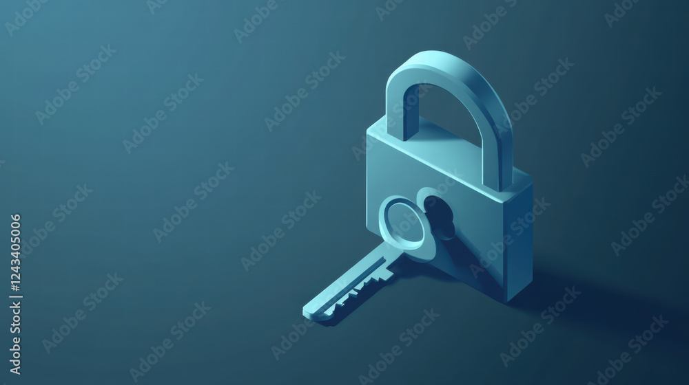 Poster 3d illustration of data protection lock and key, symbolizing security and privacy. design features m