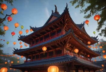 Fototapeta premium The ancient pagoda's roof is adorned with colorful lanterns and traditional decorations, temple, roof