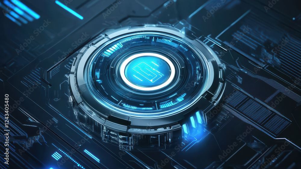 Poster futuristic digital security badge with glowing blue elements and intricate circuitry, symbolizing ad
