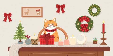 Cozy Scandinavian interior with home decorations, wreath, cat, plaid, gift candles, and Christmas typography in hygge style vector isolated, home decorations, cat, isolated