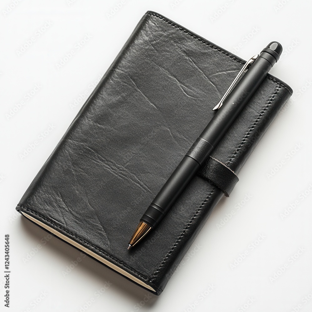 Poster black leather-bound journal with a pen resting on top, ideal for writing reflections and notes in a 