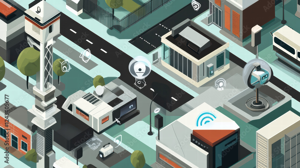 Poster isometric illustration of digital security ecosystem featuring various security elements like camera