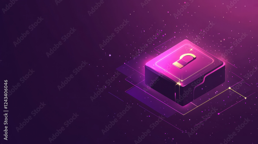 Poster digital padlock icon glowing in vibrant purple background, symbolizing security and protection in di