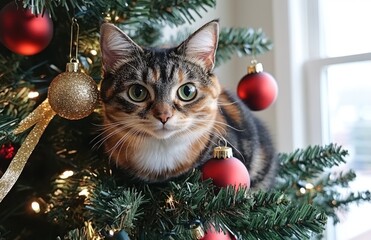 Adorable Cat Resting Among Christmas Tree Decorations with Bright Ornaments and Holiday Lights, Perfect for Festive Seasonal Imagery