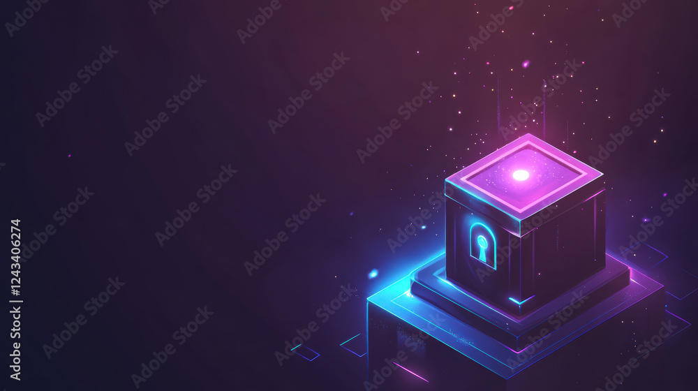 Poster glowing digital padlock on futuristic pedestal, surrounded by vibrant particles, symbolizes security