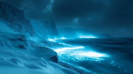 Fototapeta premium Ethereal Blue Glow Over Icy Cliffs and Calm Ocean Waves at Night
