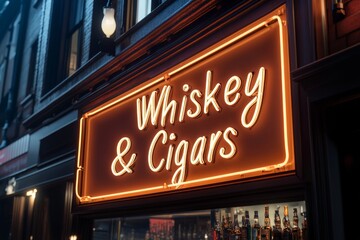 Obraz premium Elegant neon sign glowing invitingly over a whiskey and cigar shop at night in a vibrant urban setting