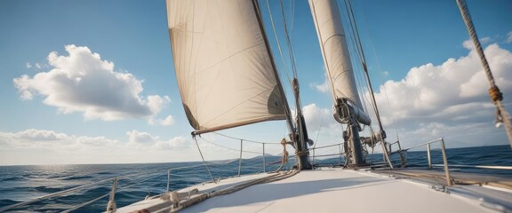 The sails of a yacht are being raised into the air with a winch and pulleys , sail hoisting, rope