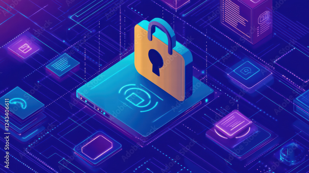 Poster digital security network with padlock symbolizing protection and safety. vibrant colors and modern d