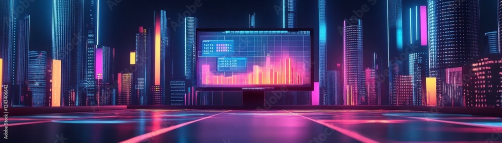 Poster a vibrant digital cityscape featuring a monitor displaying colorful data visualizations amidst illum