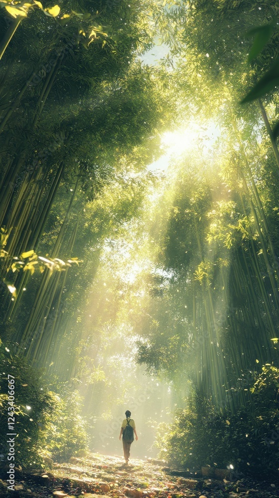 Poster sunlight streaming through a bamboo forest as a person walks along a serene pathway
