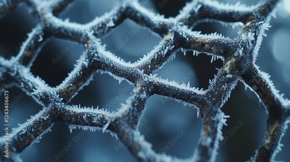 Poster frosted nature pattern on a wire grid in soft blue background
