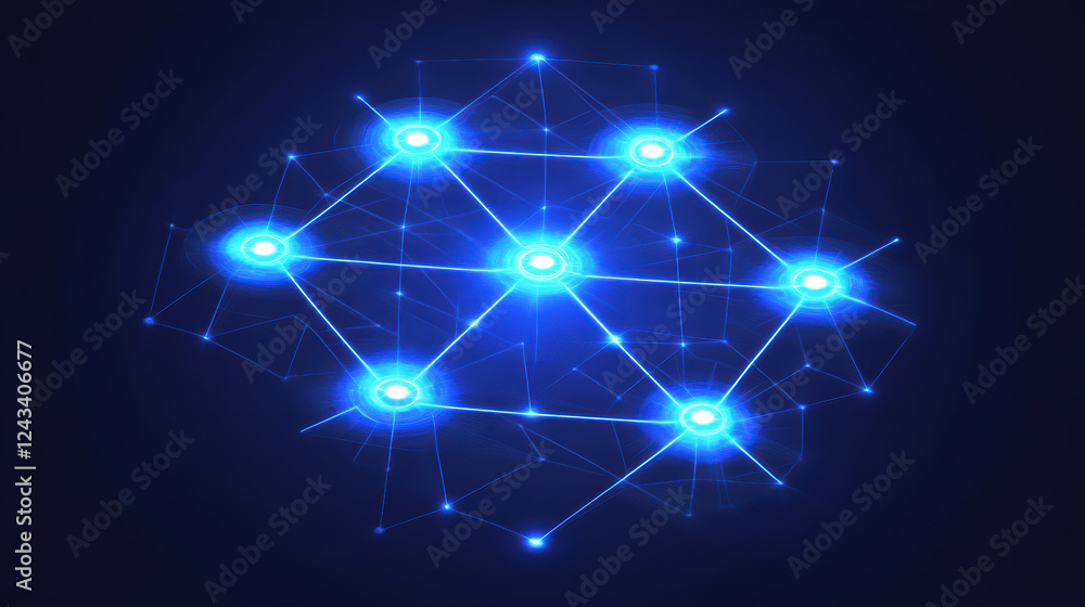 Poster digital security network illustration featuring interconnected nodes and glowing blue lights, repres