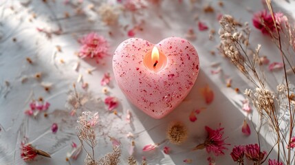 Heart-shaped candle burning, flowers, sunlight, table, romance