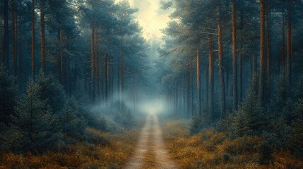 Obraz premium Misty Forest Path Leading Through Tall Pine Trees