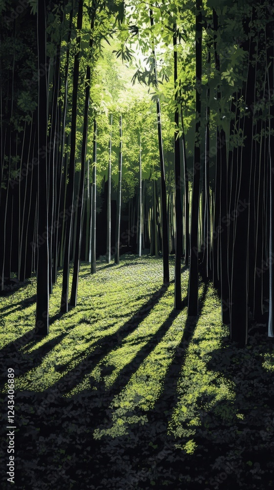 Aufkleber sunlight filters through a dense bamboo forest, creating intricate shadows on the lush ground below