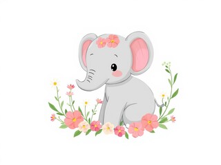 Fototapeta premium Cute baby elephant with pink flower wreath illustration, animal, flowers, illustration