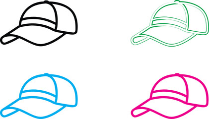 Baseball cap, simple line drawing, minimalist design, four color variations, black blue green pink, vector graphic style, sports accessory, curved brim, clean outlines, repeating pattern, geometric sh