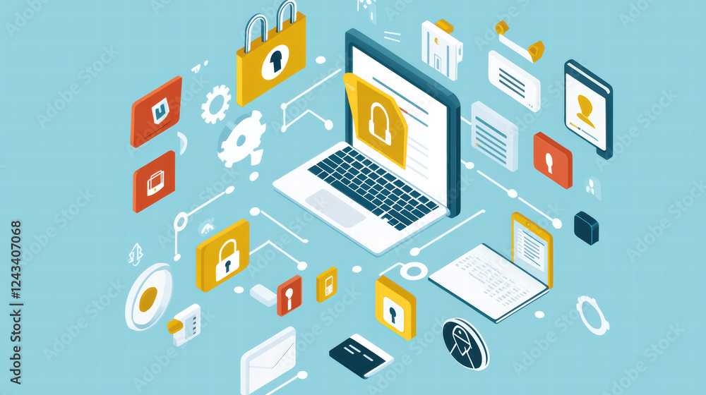 Aufkleber secure device with digital security icons, including locks and user profiles, representing online sa