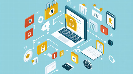 Secure device with digital security icons, including locks and user profiles, representing online safety and data protection
