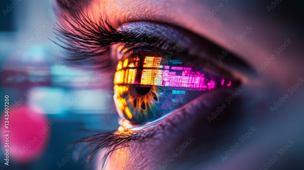 Poster close up of a woman's eye reflecting colorful digital information, representing concepts of informat