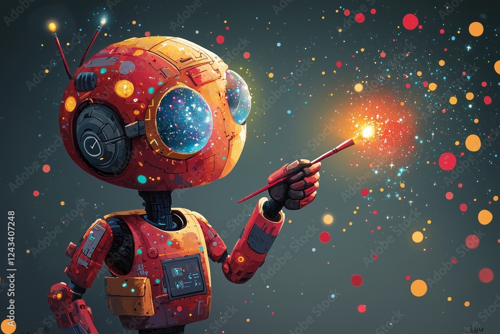 Poster colorful robot casting sparkles in a starry cosmic background