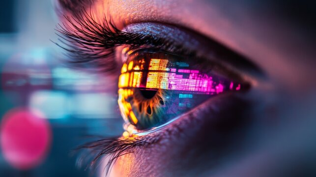 Close up of a woman's eye reflecting colorful digital information, representing concepts of information overload, stress, burnout, and the impact of technology on mental health