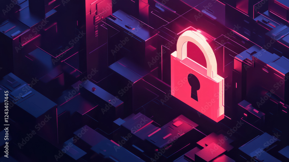 Poster isometric design of digital lock symbolizing cybersecurity awareness in vibrant, abstract environmen
