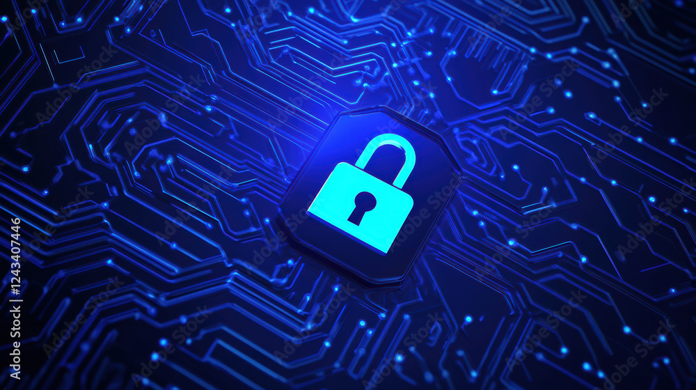 Poster digital lock symbol on blue circuit board background represents cybersecurity. this conveys importan