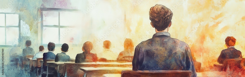 Poster portrait of a teacher in a classroom surrounded by students creating a positive environment for lear