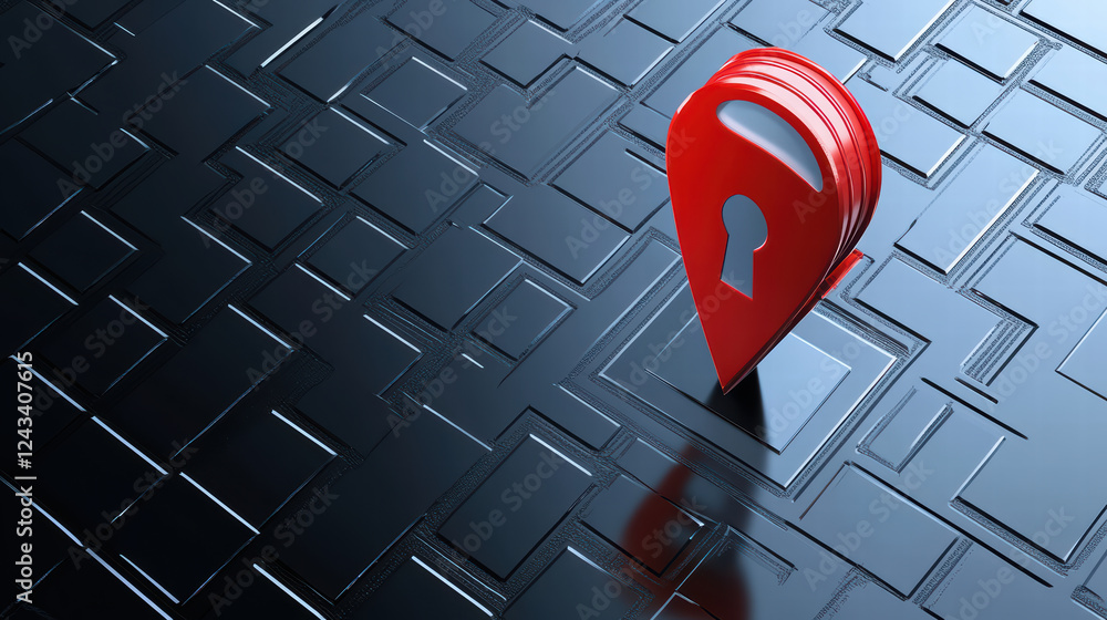 Poster red security pin with keyhole symbol stands on glossy black surface, representing cybersecurity and 