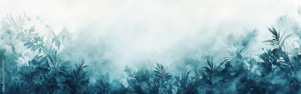 Poster mysterious dense rainforest with soft mist enveloping the lush canopy during the early morning hours