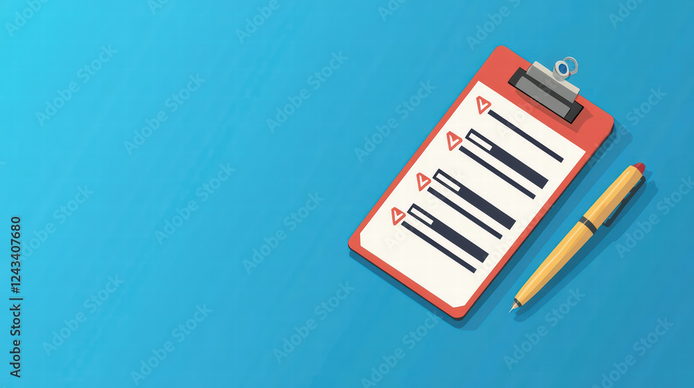Poster clipboard with checklist and pen on blue background, symbolizing organization and task management. c