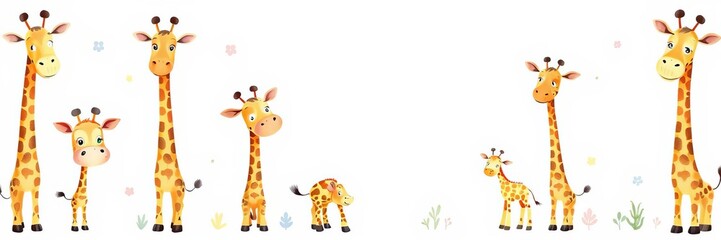Fototapeta premium Cute giraffe cartoon watercolor illustration animal set in various playful poses and expressions, cartoon, design, character