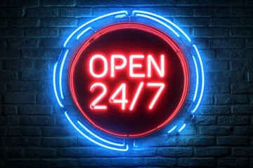 Bright neon sign indicating open status at a business, illuminated 24 hours a day