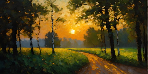 The setting sun in a clearing painting